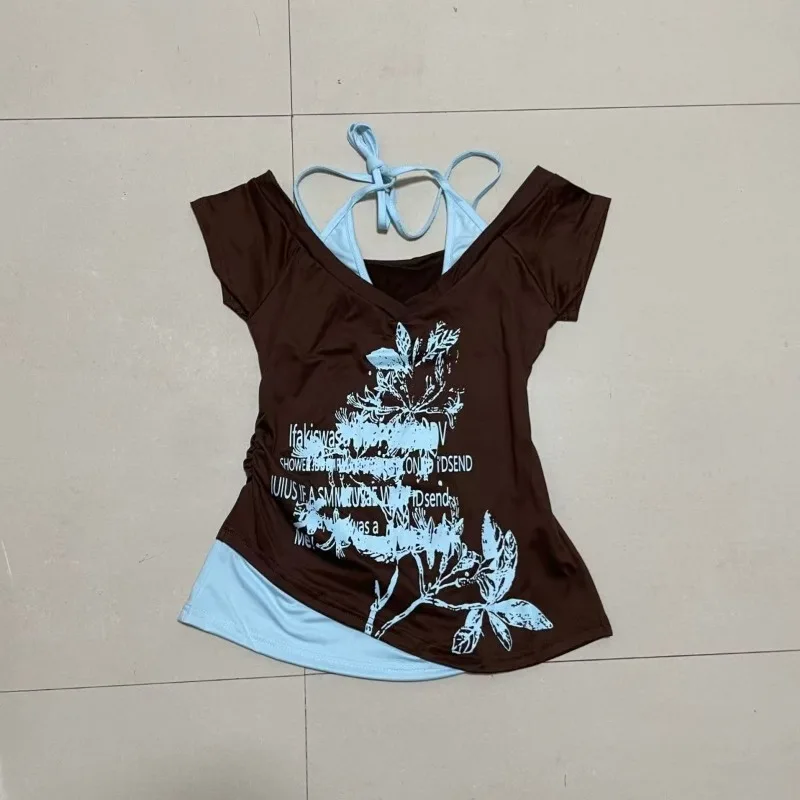 

Y2K Retro Street Print T-shirt Fashion Streetwear Haltel Neck Fake Two Piece tops Harajuku Summer Casual Tees Women Chic Clothes