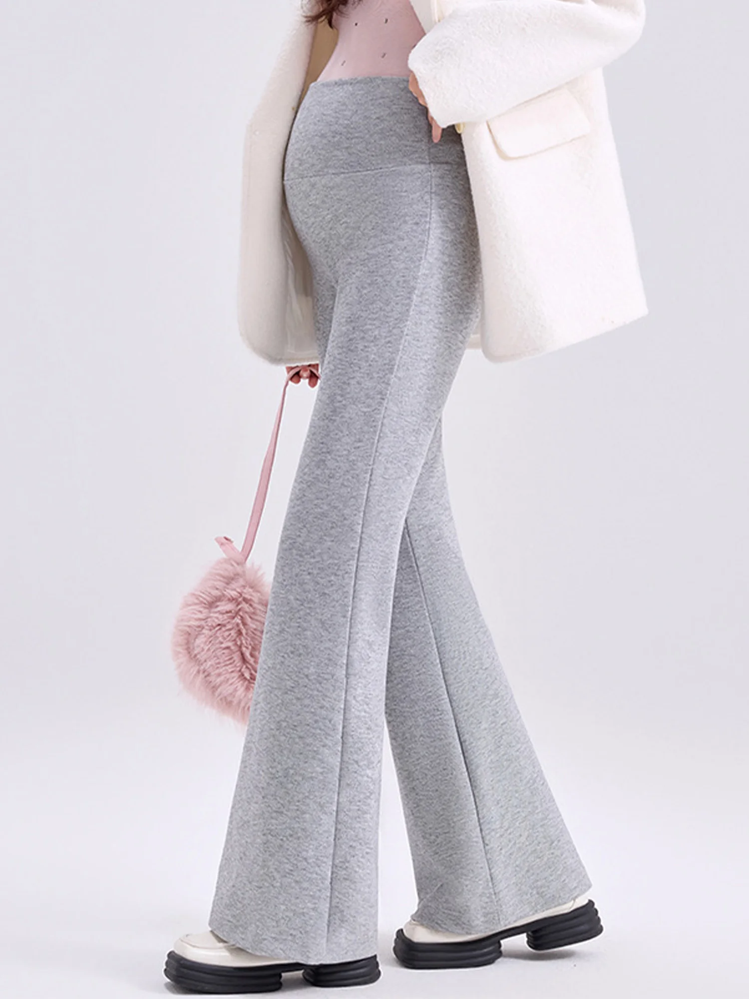 妊婦用ハイウエストオーバーザベリーカジュアルフレアパンツフリース裏地付き伸縮性ウエストバンドマタニティパンツヨガ用デイリーユース