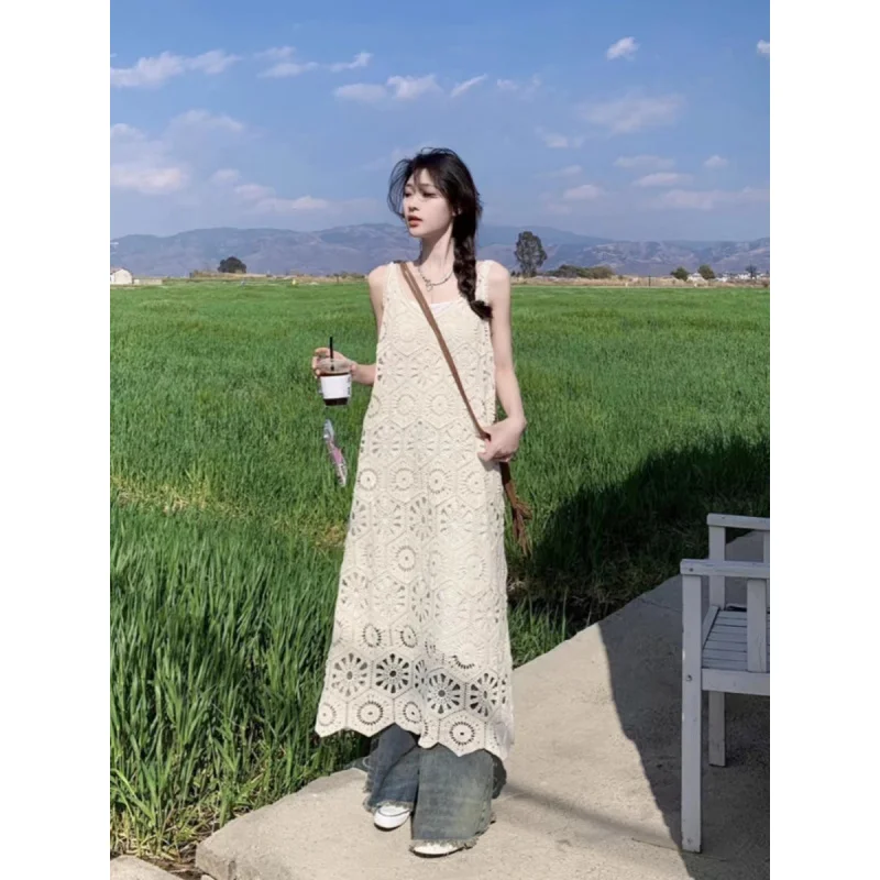 

Hollow Out Strap Long Dress Summer French High-End Exquisite Plus Size Women's Hepburn Style Elegant Versatile Outerwear Dress