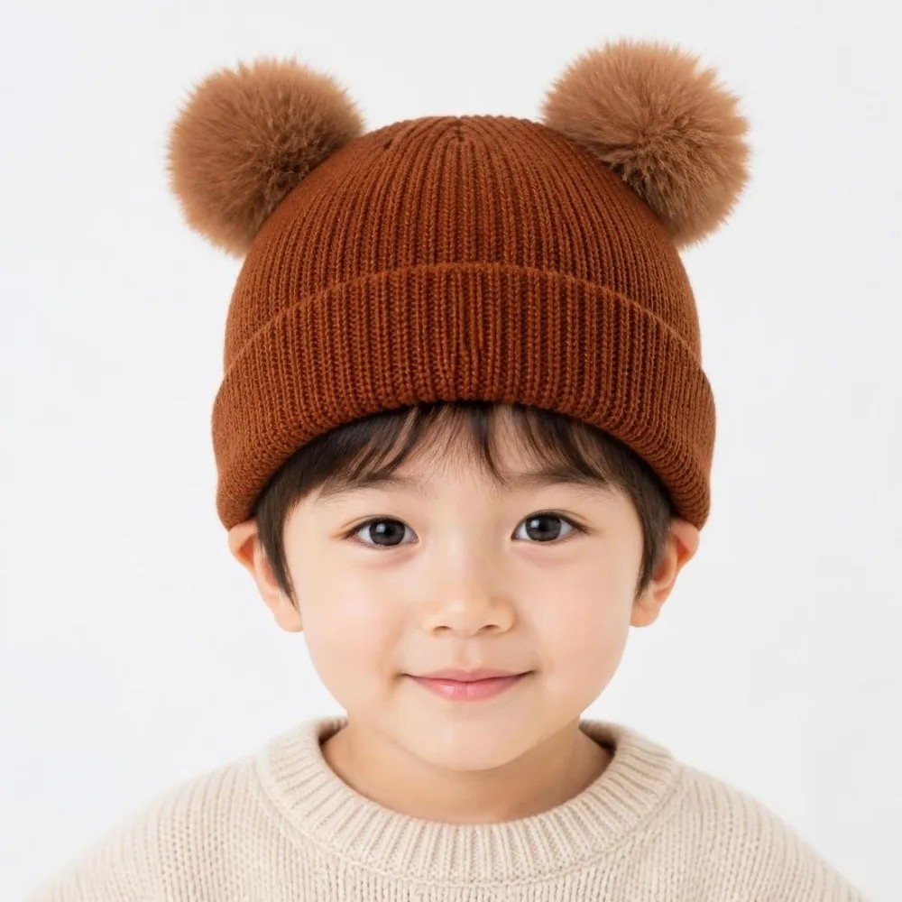 Comfortable Solid Color Baby Knit Hat Pullover Style Warm Infant Bonnet Plush Ball Windproof Newborn Turban Cap Home Wear