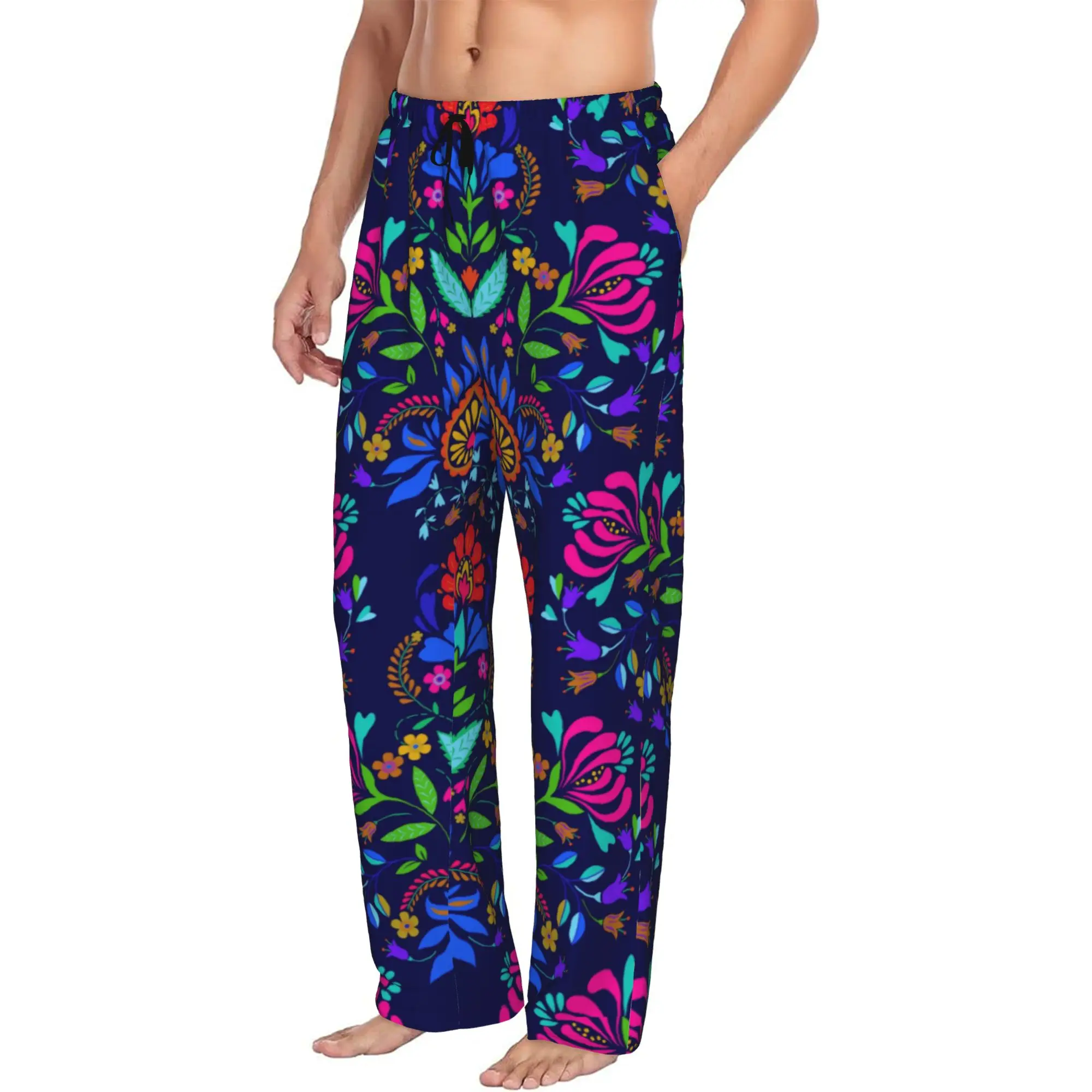 Folk Mexican Vacation Art Pajama Pants Men's Colorful Textile Embroidery Sleepwear Lounge Sleep Bottoms Stretch with Pockets