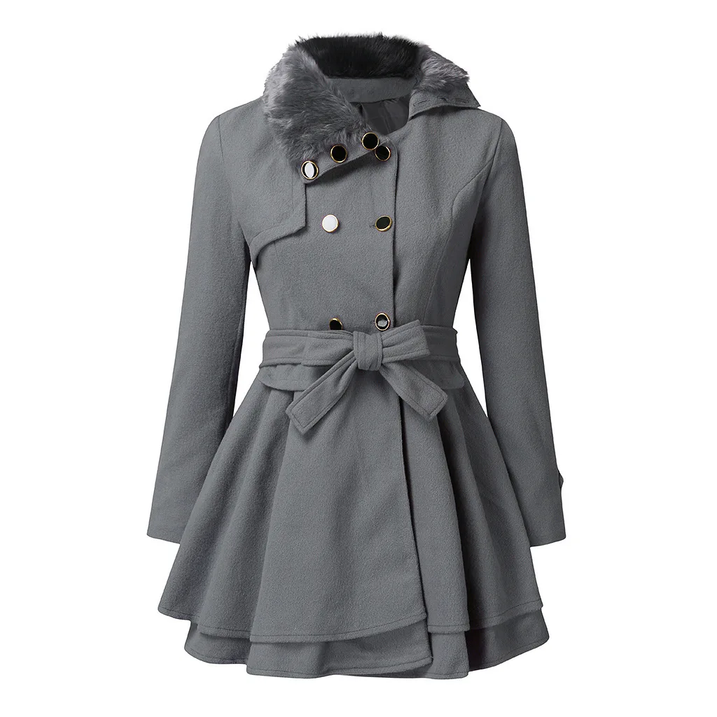 

Women's Woolen Coat Large Skirt Fur Collar Women's Autumn and Winter Coat Double-breasted Woolen Trench Coat Women's