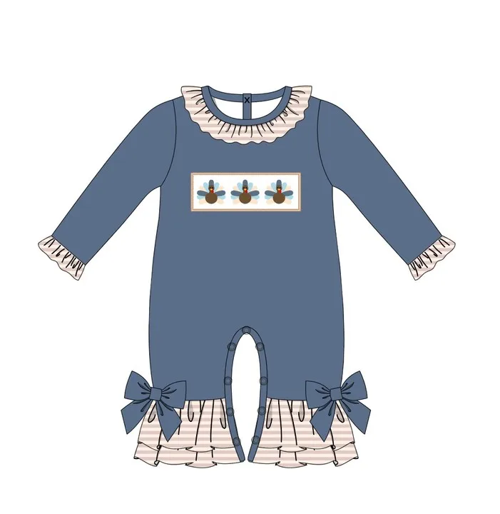 Baby Cotton Long Sleeve T-shirt Set Round Neck Three Turkey Embroidery Boy Orange Top Clothes And Blue Suit Romper With Bow