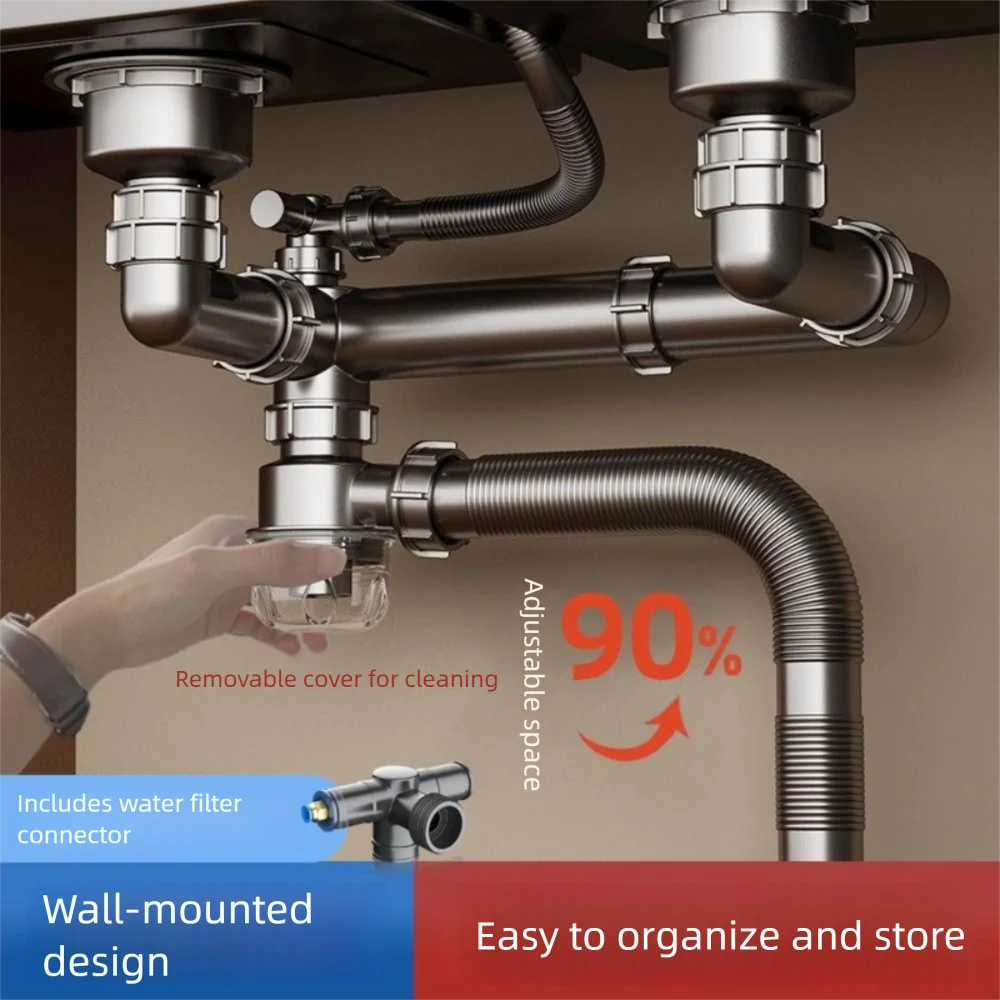 New Plastic Sink Drain Pipe Set Easy Install Single/Double Bowl Sewer Replacement Pipe Space Saving Deodorant Filter Kitchen