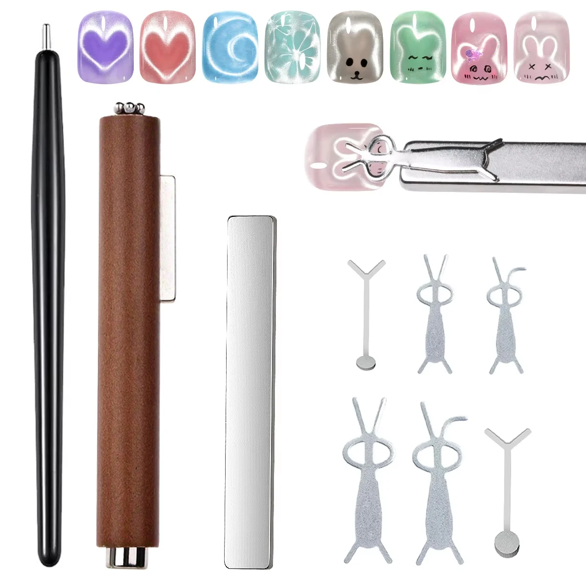 6/9-teiliges Katzenaugen-Magnet-Set mit Eisenplatten, Kaninchen- und Herzform, magnetisches Nagelkunst-Werkzeug für Gel-Lack, DIY-Maniküre-Zubehör – Detail 1