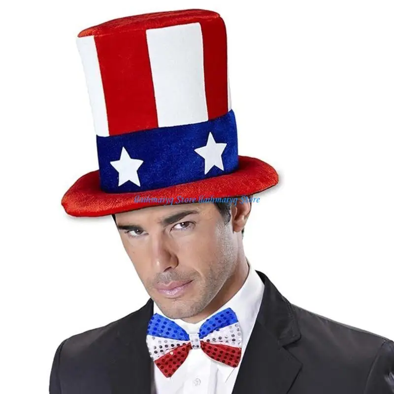 573B احتفالي يوليو 4th Stovepipe قبعة وربطة عنق مجموعة لمتجر كشك السوق ملحق عيد الاستقلال قبعة حفلة زي