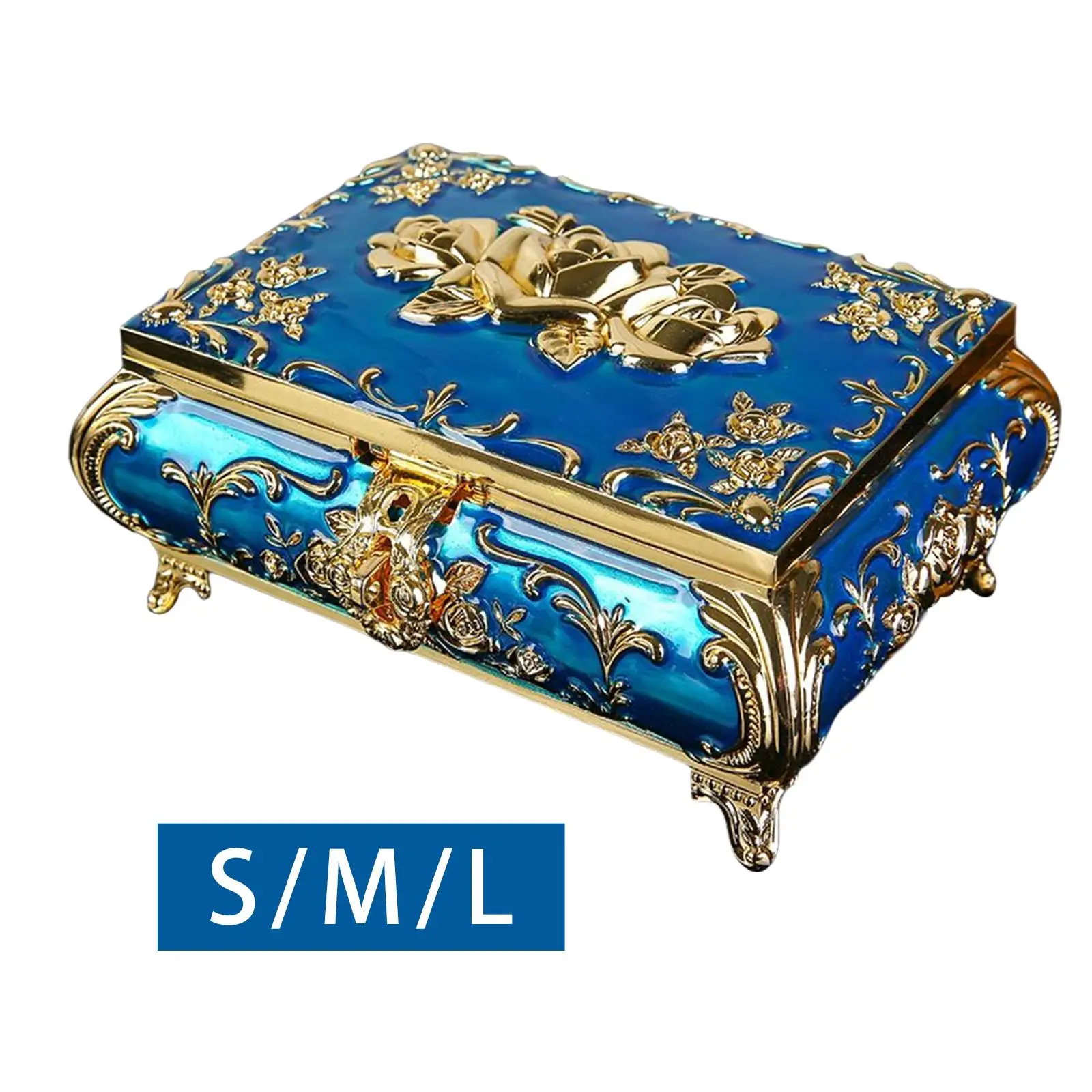 Golden Rose Engraved Trinket Box Blue Jewelry Box Keepsake for Rings, Earrings, view 2