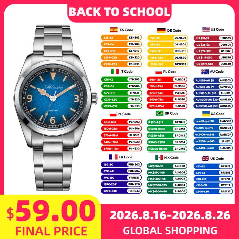 ADDIESDIVE Sapphire Crystal Watch for Women 36mm Japan 2035 10Bar Waterproof Sport Luminous Business Ladies Steel Wristwatch