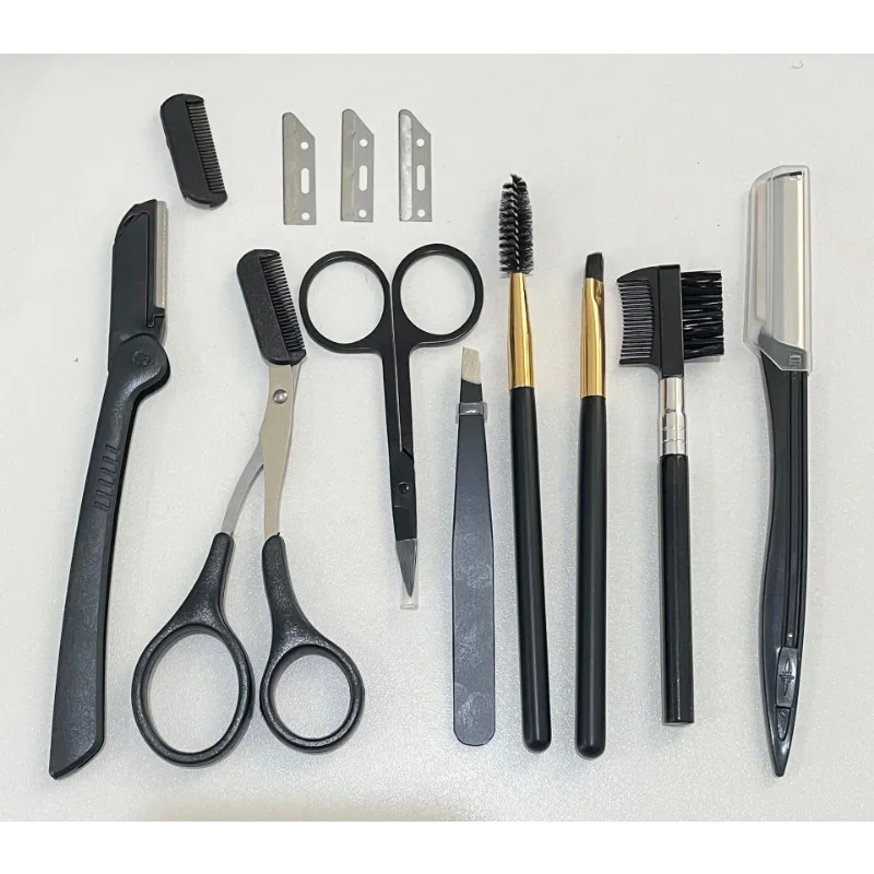 Black Eyebrow Trimming Scissors Stainless Steel Tweezers Eyebrow Scraping Eyebrow Comb Razor Eyebrow Clip Makeup Tools Sets