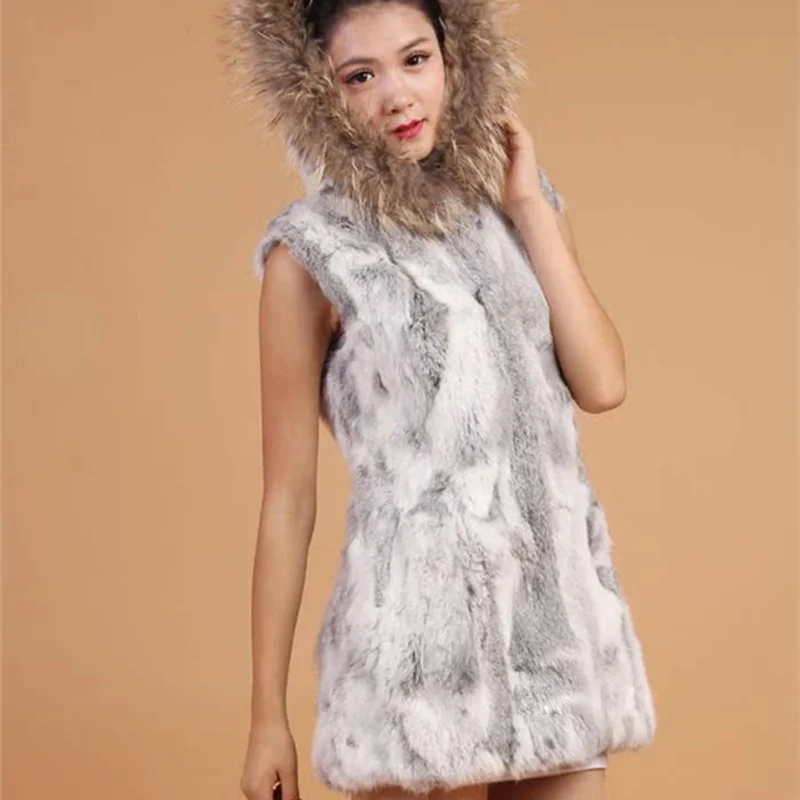 2024 Russian Women Real Rabbit Fur Coats Winter Warm 100% Natural Rabbit Fur Jacket Lady Warm With Raccoon Fur Hooded Outerwear