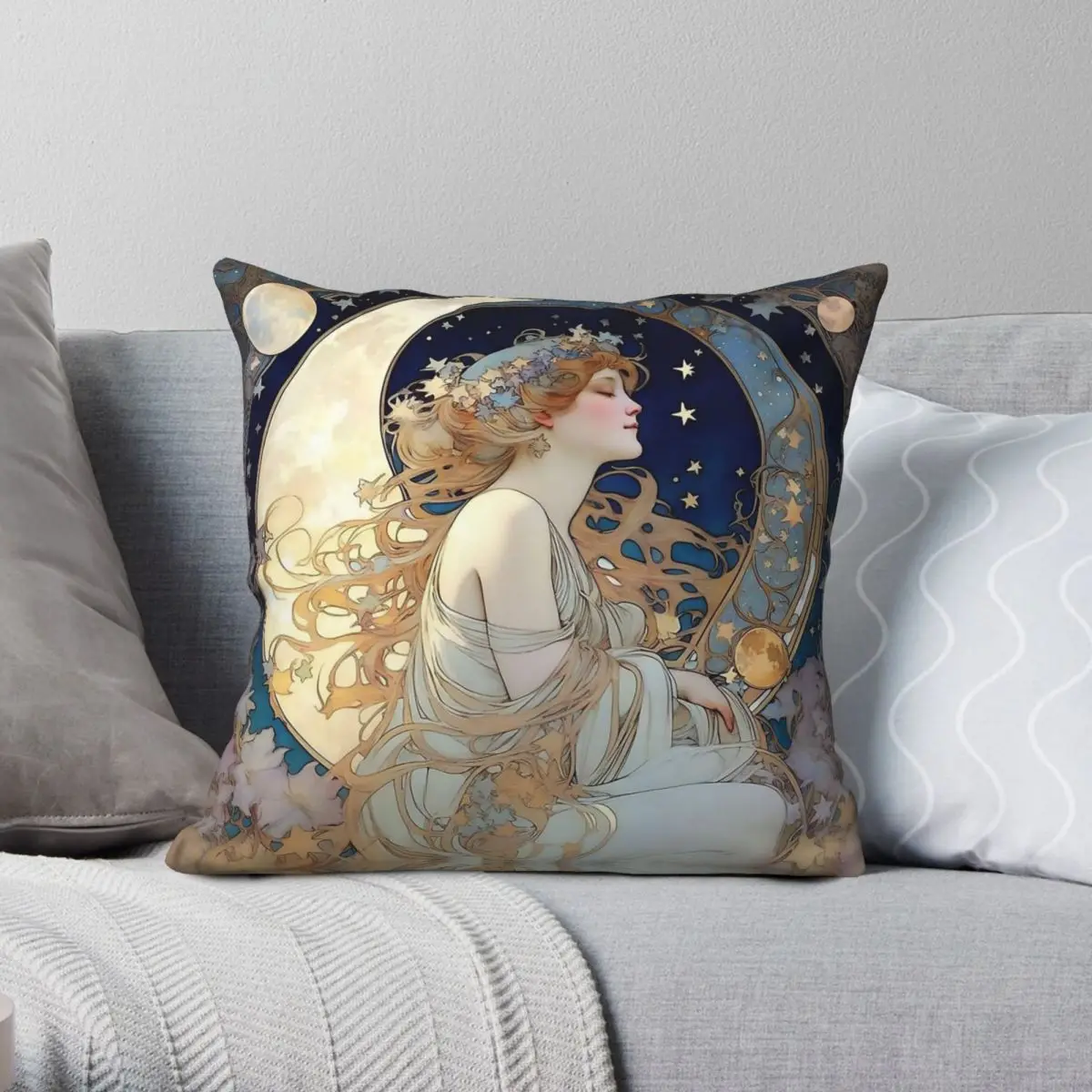 Celestial Dreams Mucha Moon Stars Square Pillowcase Polyester Linen Velvet Printed Zip Decor Car Cushion Cover