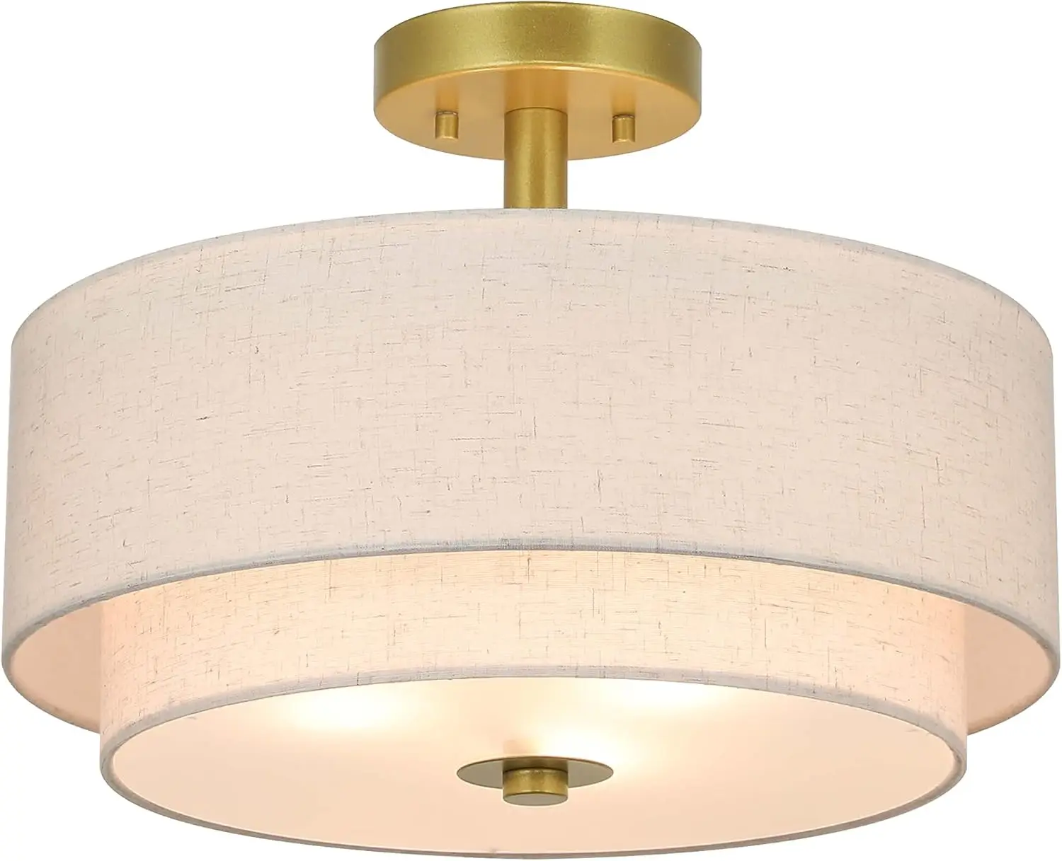 Xinbei Lighting 3 Light Semi Flush Mount Light, Close To Ceiling Light Fixture With Fabric Shade Retro Gold Brass 16 Inch Semi