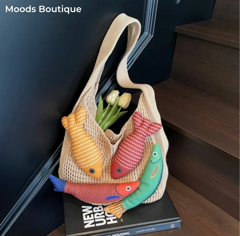 

сумка женская сумка через плечо шоппер сумка большая Lucky Fish Decor сумки на плечо для женщин шерстяные вязаные сумки-шопперы большой вместимости Koi Design повседневные уличные сумки 2025