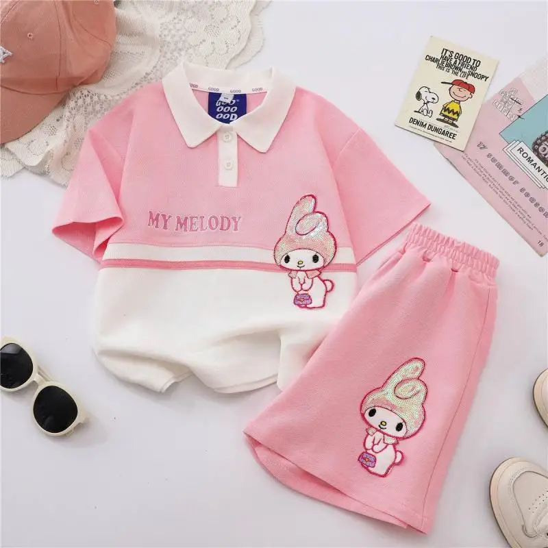 

Женский комплект из двух предметов Sanrio, футболка с коротким рукавом и шорты из чистого хлопка с мультяшным принтом My Melody, повседневная одежда, подарок, Новинка лета 2024