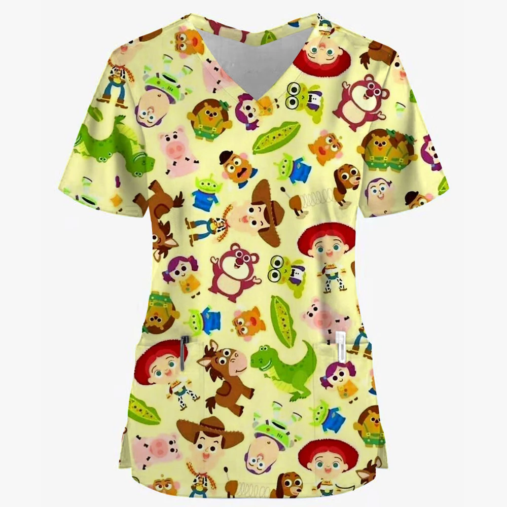 Nurse uniform, women's Toy Story printed short sleeved V-neck frosted work uniform, medical care, spa, pet dentistry