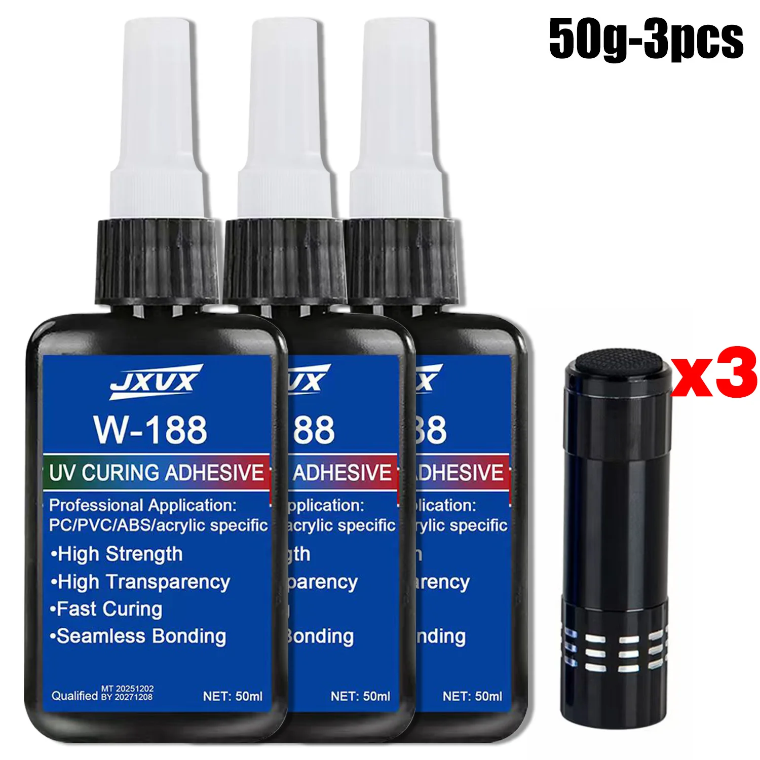 50 g neuer hochfester UV-härtender Klebstoff W-188, geeignet für Heimwerkerprojekte, zum Kleben und Verschweißen von Glas, Metall, Keramik und ABS-Materialien. Inklusive UV-Härtungslampe (1–3 Stück).