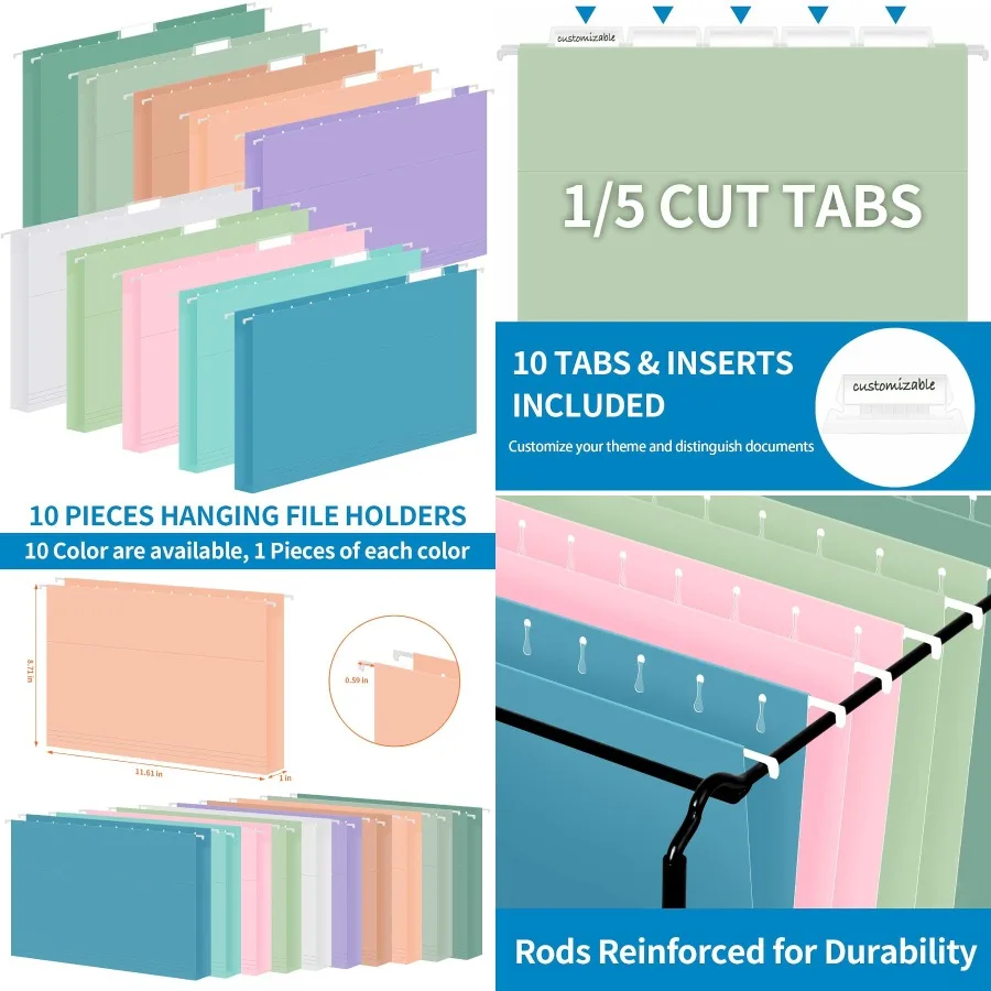 

Набор из 10 подвесных папок для файлов формата Letter с регулируемыми язычками 1/4 вырезами в пастельных цветах для офиса и домашнего использования, идеально подходит для занятий спортом