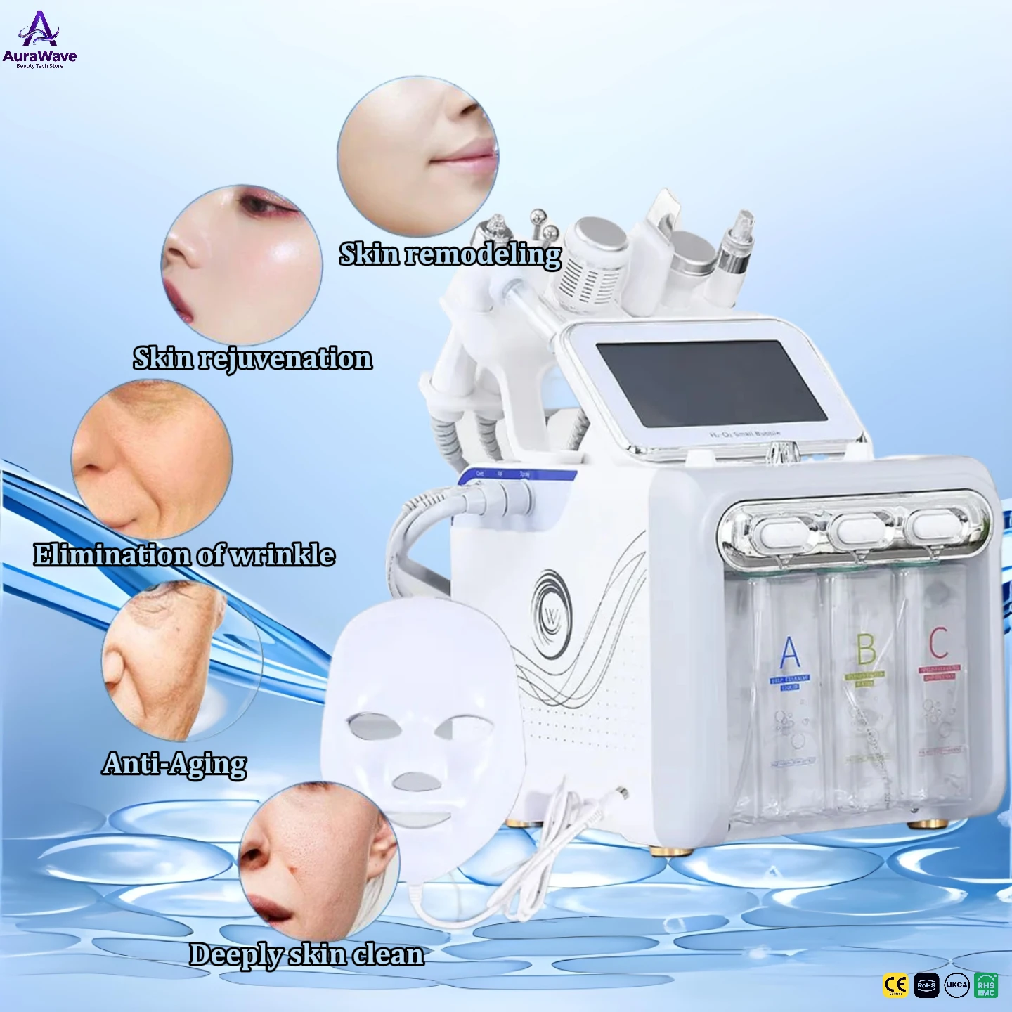 

Ультразвуковой аквапилинг, нанокислородный спрей, светодиодная светотерапия и охлаждающая головка для очищения пор против старения и укрепления дома