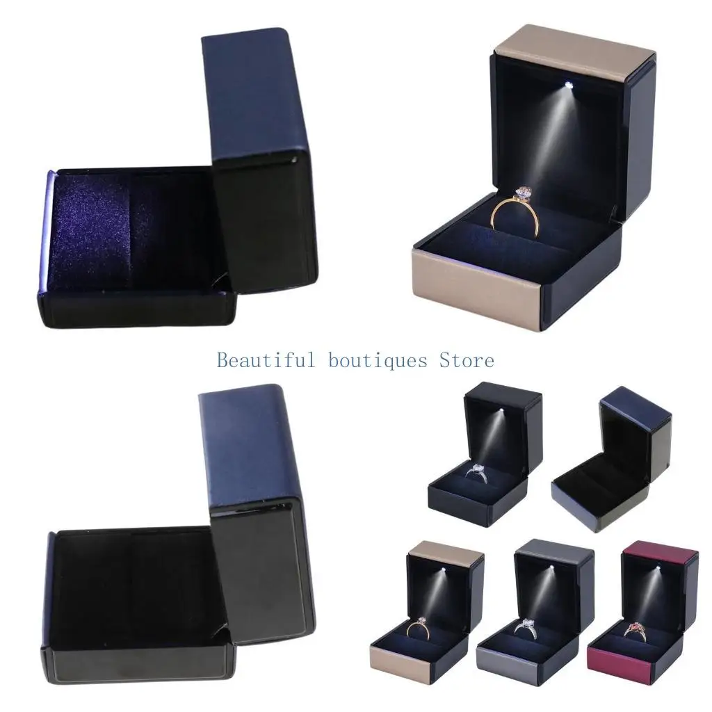 

U4LF Square Earrings Stoarge Holder Box LED Lighted Rings Box Jewelry Display Gifts Box Proposal Wedding Engagement Ring Box