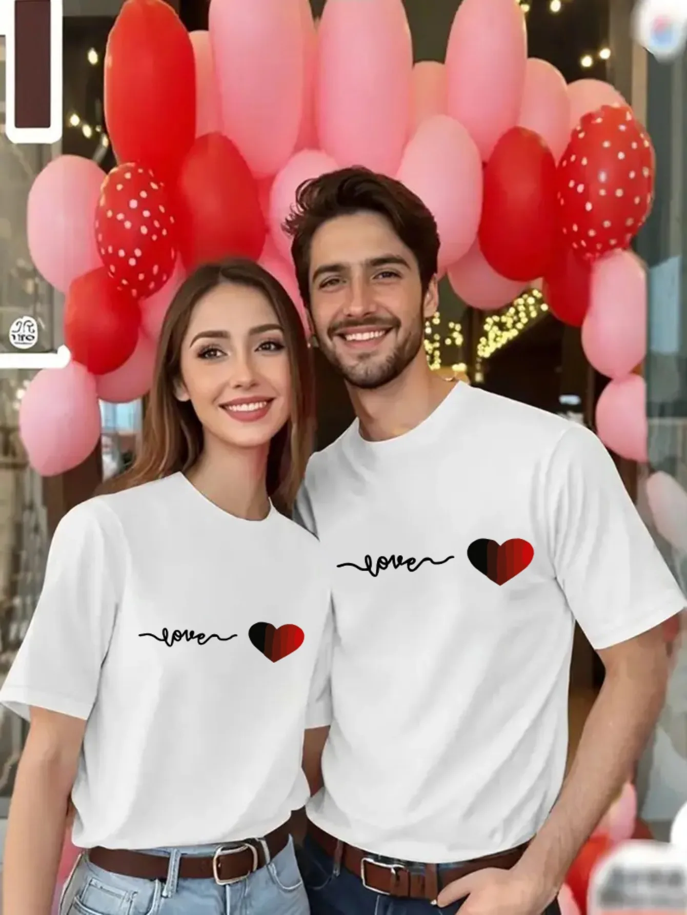 

Matching Couple Tshirts Spring Summer Casual Love Heart Print Tees Light Blue Round Neck Short Sleeve Tops for Women and Men