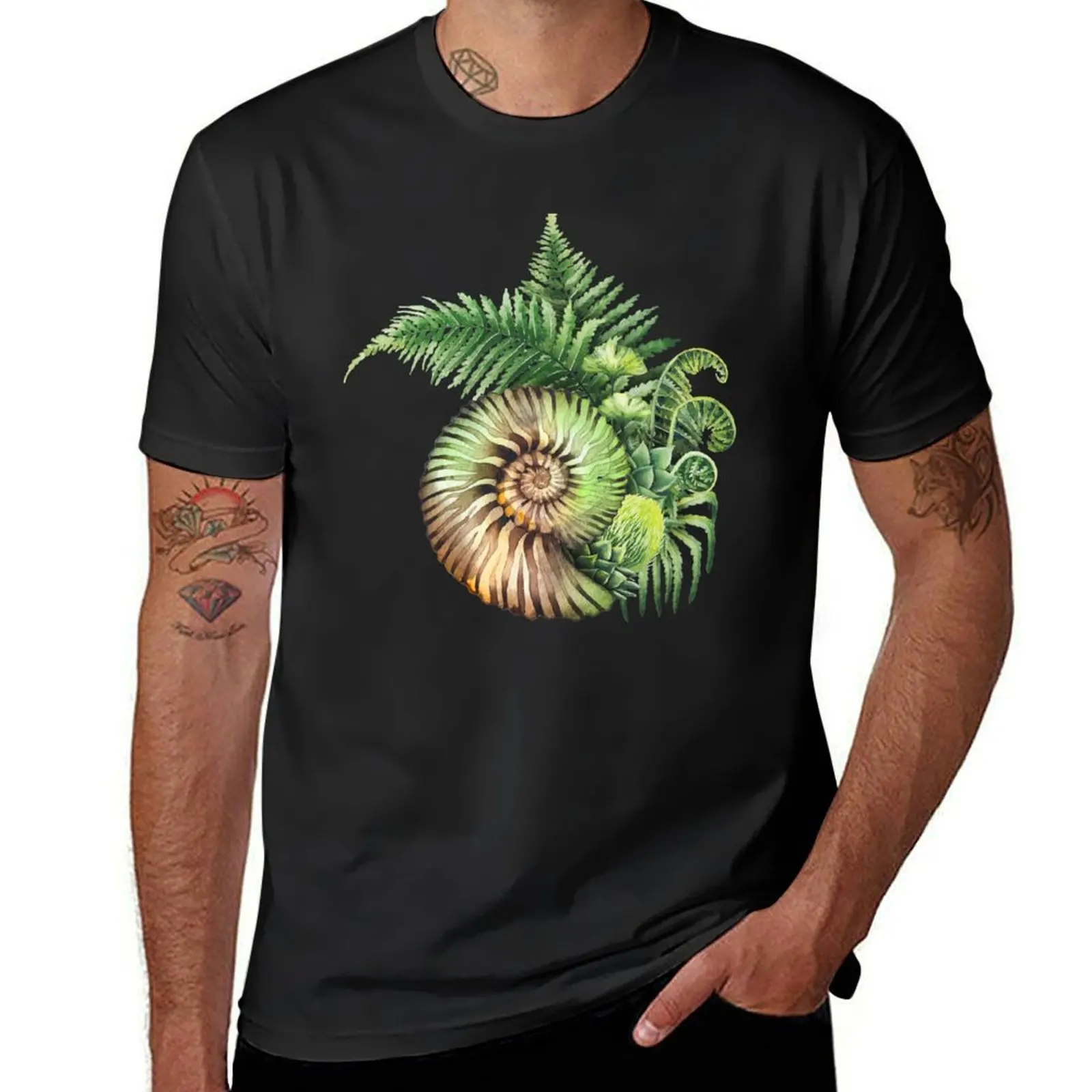 Prehistoric watercolor seashell and fern branches T-Shirt graphics plus size tops mens tall t shirts