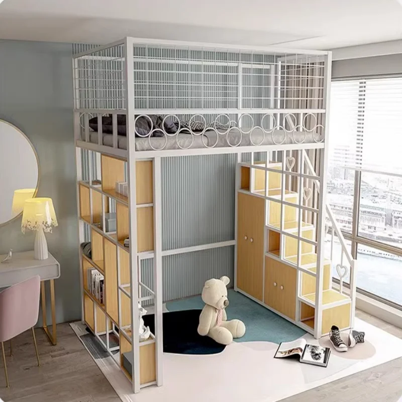 

Elevated wrought iron multi-functional space-saving bed under the table simple metal duplex raised loft bed