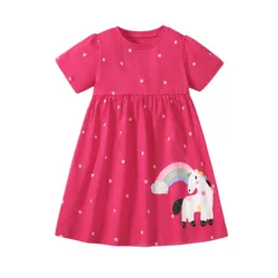 Jumping Meters  2-7 Years Summer Princess Baby Girls Dresses Horse Applique Party Birthday Kids Short Sleeve  Clothing