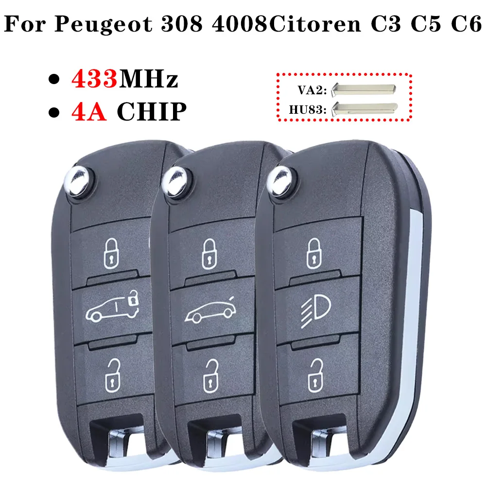 4A Chip Flip Fernbedienung Klapp Auto Schlüssel HU83 VA2 Klinge Für Citroen Aircross C3 C4 C5 C6 Für Peugeot 308 4008 433 MHz