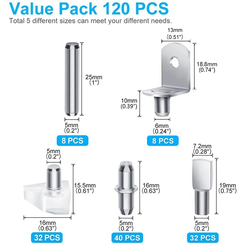 ABXF-240Pcs Shelf Pegs Kit, 5 Styles Shelf Pins Shelf Support Pegs, Cabinet Shelf Pegs For Shelves Bookcase Bookshelf Pegs