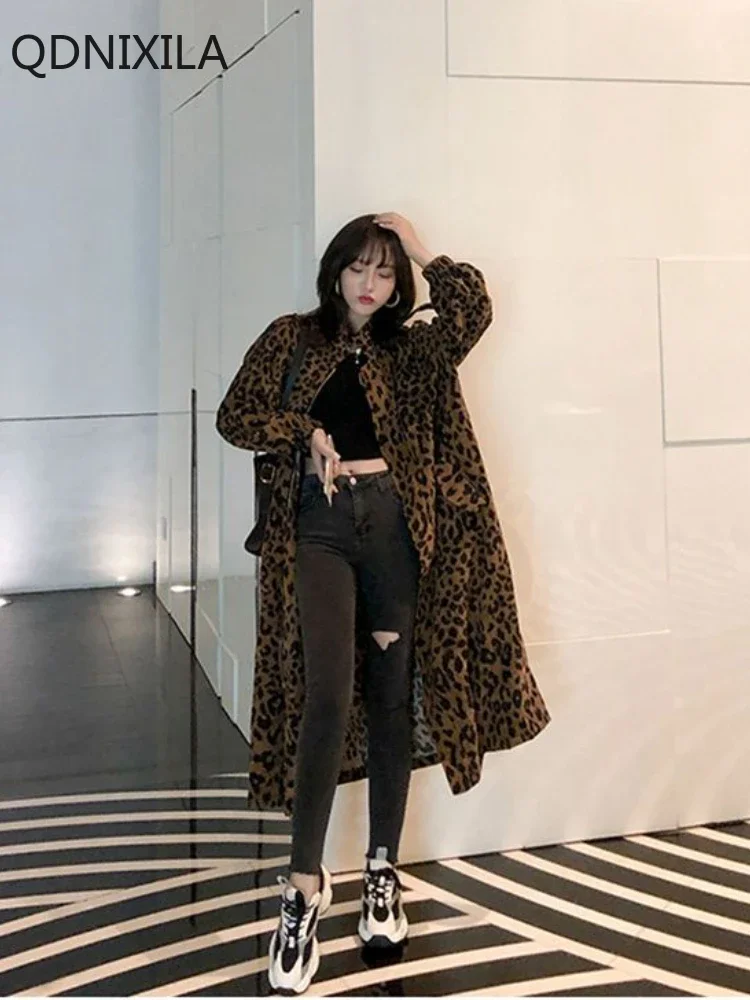 Leopard Print Trench Coat for Women, Loose Tooling Jacket, Medium and Long, Korean Version, New Outerwears, 2024 Autumn