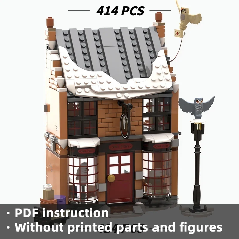 414PCS MOC Magic World Owl Post Office Bricks, Winter Snowy Village House Architecture Model Display Set