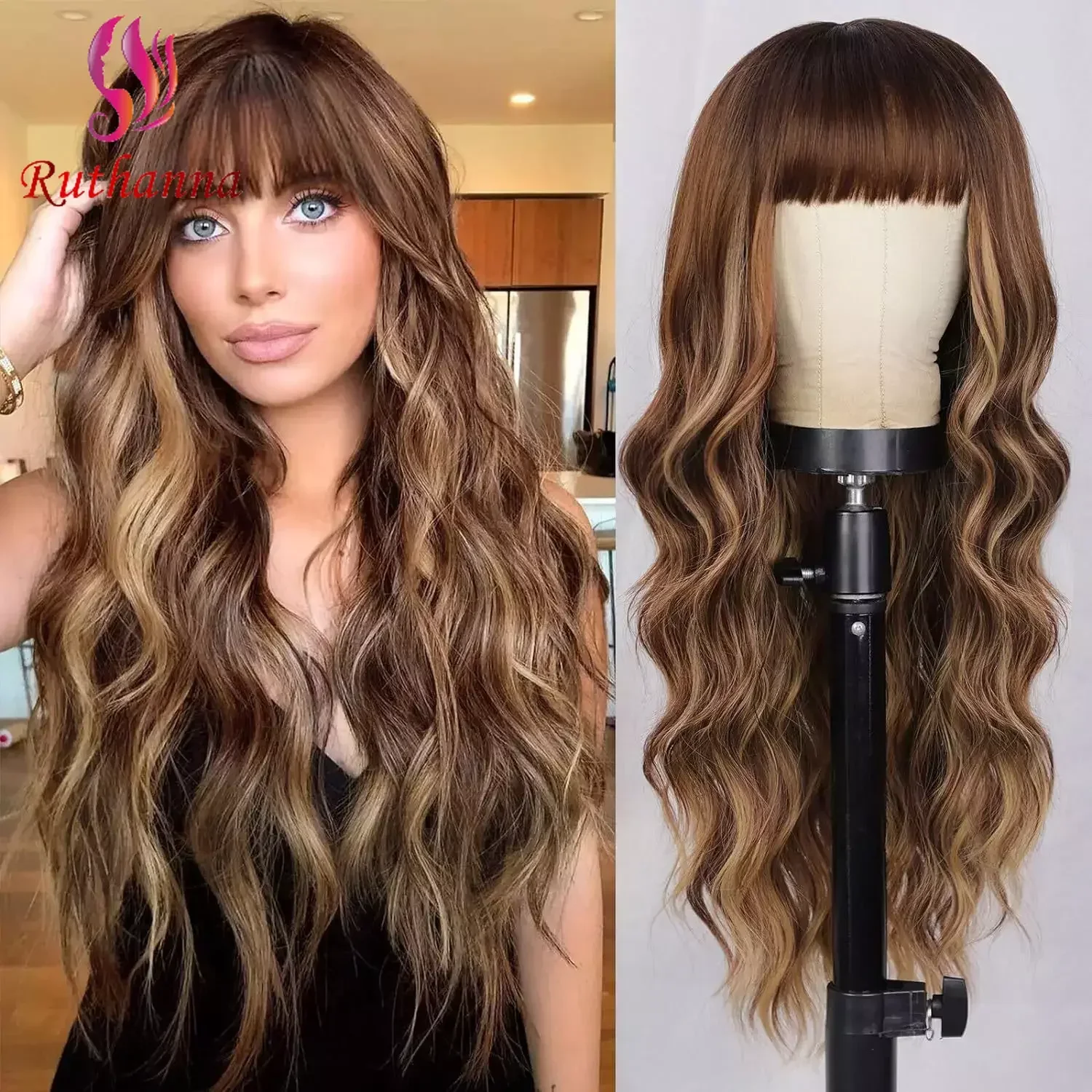 Body Wave Synthetic Long Curly Wig Blunt Bangs For Women Multiple Colors 28 Inch Large Wave Heat Resistant Fiber Wig Daily Party