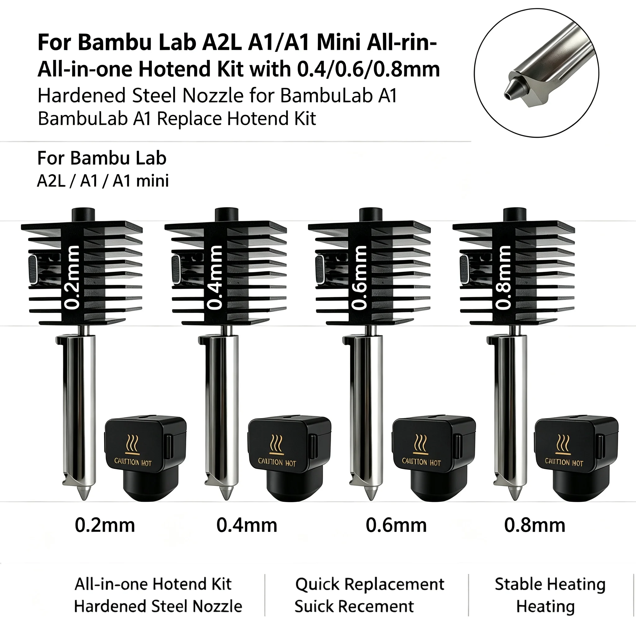 For Bambu Lab A2L A1/A1 Mini All-in-one Hotend Kit with 0.4/0.6/0.8mm Hardened Steel Nozzle for BambuLab A1 Replace Hotend Kit