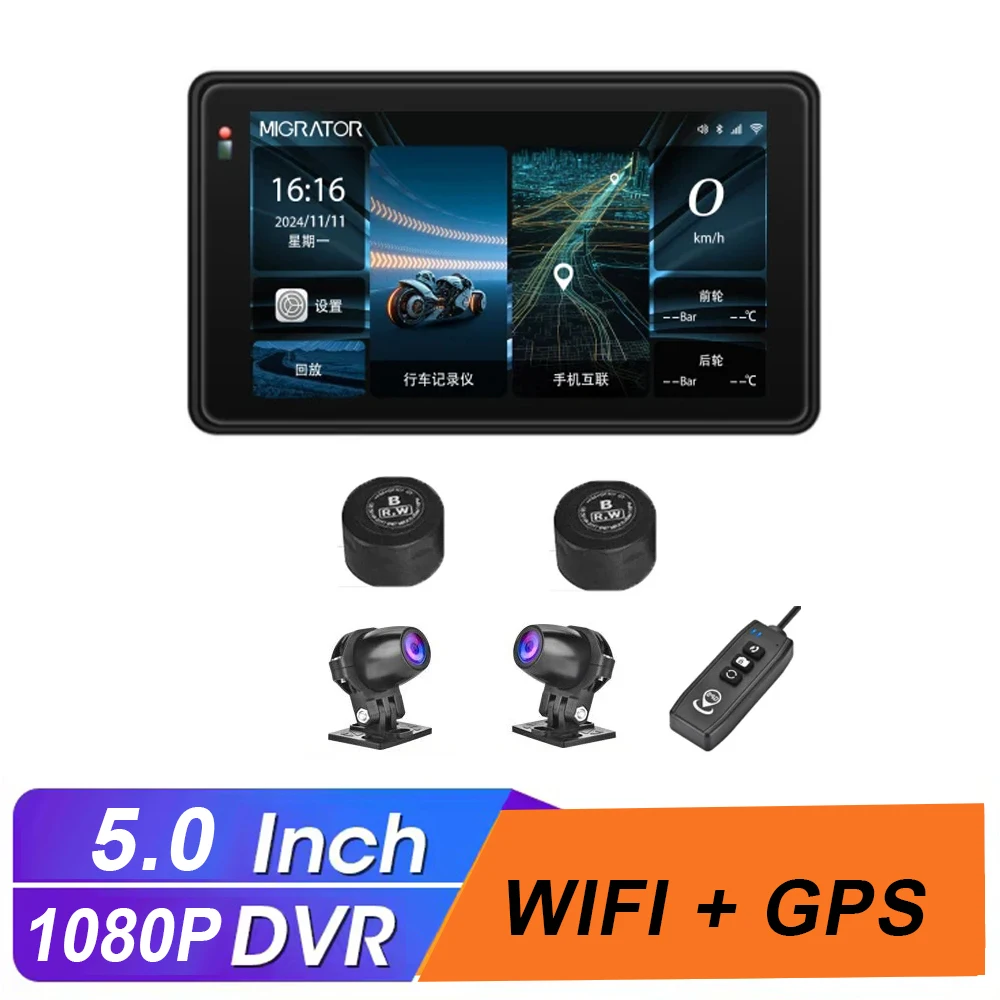 

5 Inch Touch Monitor 1080P Motorcycle DVR Camera Recorder Carplay Android Auto WIFI GPS Bluetooth Mirrolink Tire Pressure TPMS