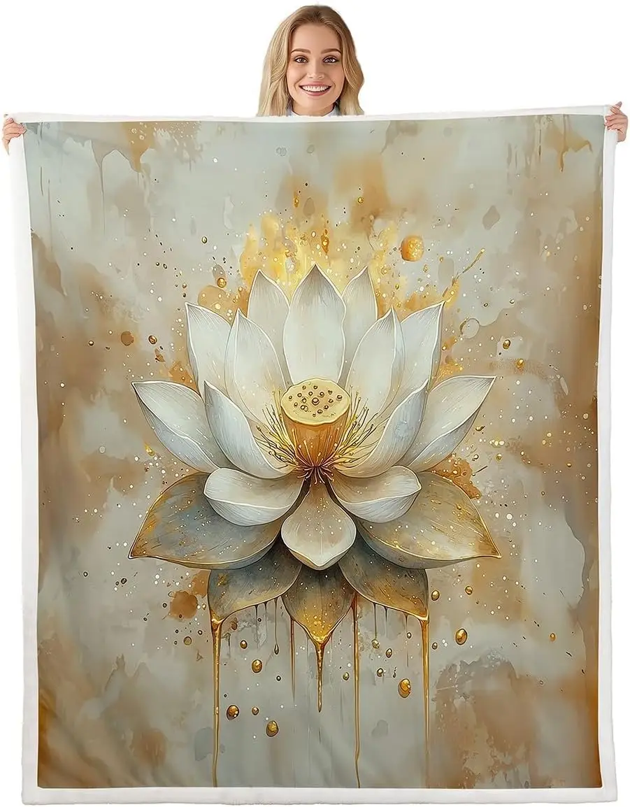Tree of Life Fleece Blanket Lotus Zen Warm Plush Sherpa Blanket Fall Art Print Floral Fuzzy Plush Throw Tie Dye Gold Room Decor
