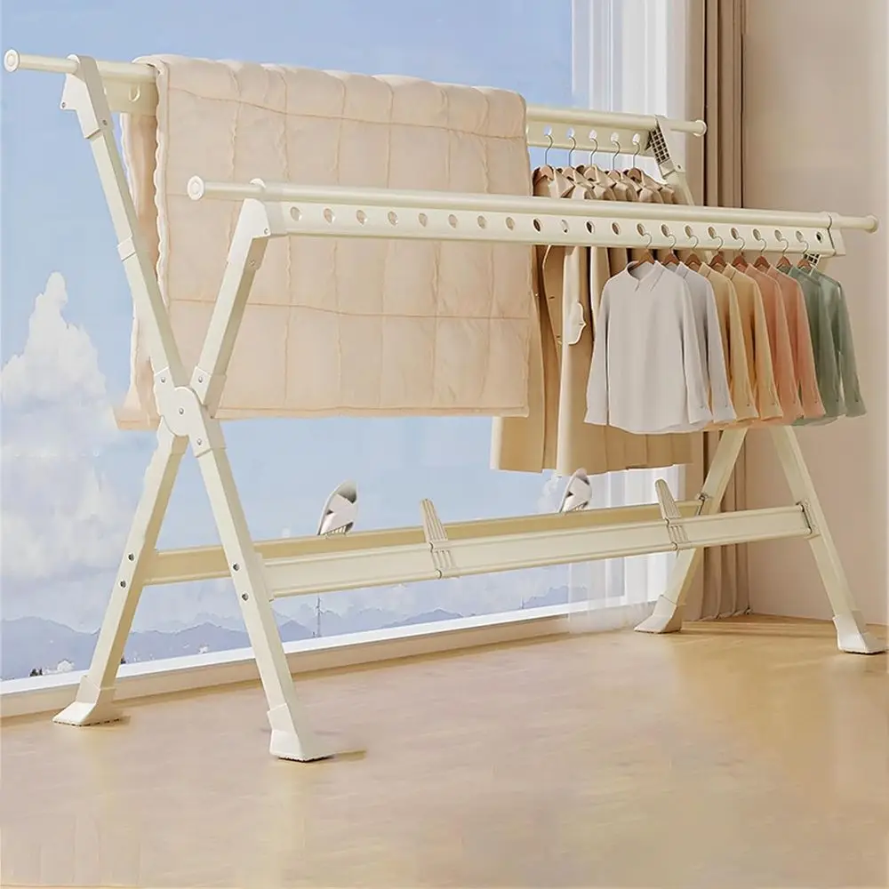 

2-уровневая сверхпрочная сушилка для одежды из нержавеющей стали, регулируемая 130–230 см, кремово-белая, с полкой для обуви — для использования в помещении и на открытом воздухе