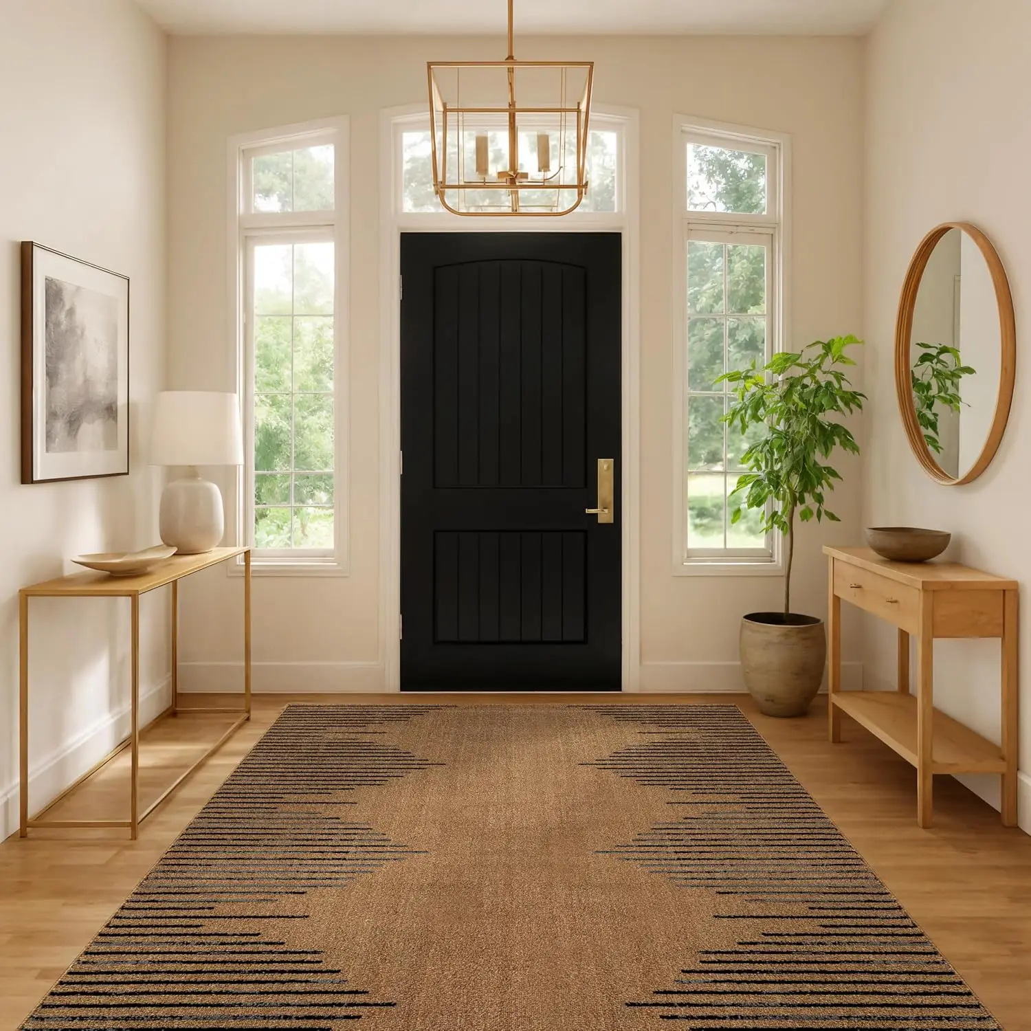 Bohemian Stripe Area Rug, Stain Resistant High Traffic Carpet for Living Room Kitchen Bedroom Dining Home Office, Jute