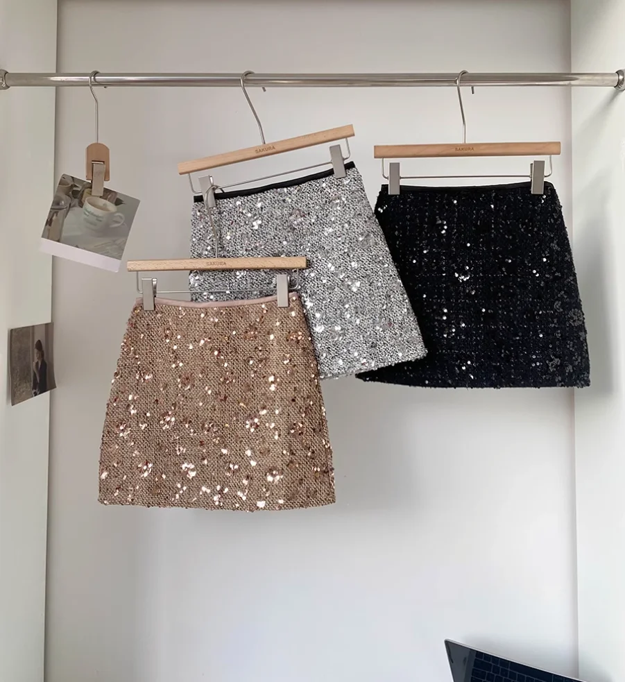 

Новая модная сексуальная юбка-мини с высокой талией, расшитая пайетками, однотонная, облегающая, выше колена, для женщин, 3 цвета