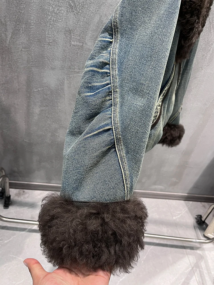 Nueva chaqueta de plumas de ganso de invierno para mujer, abrigos con cuello de piel de oveja de cordero auténtica Natural, prendas de vestir vaqueras, chaqueta femenina de lujo