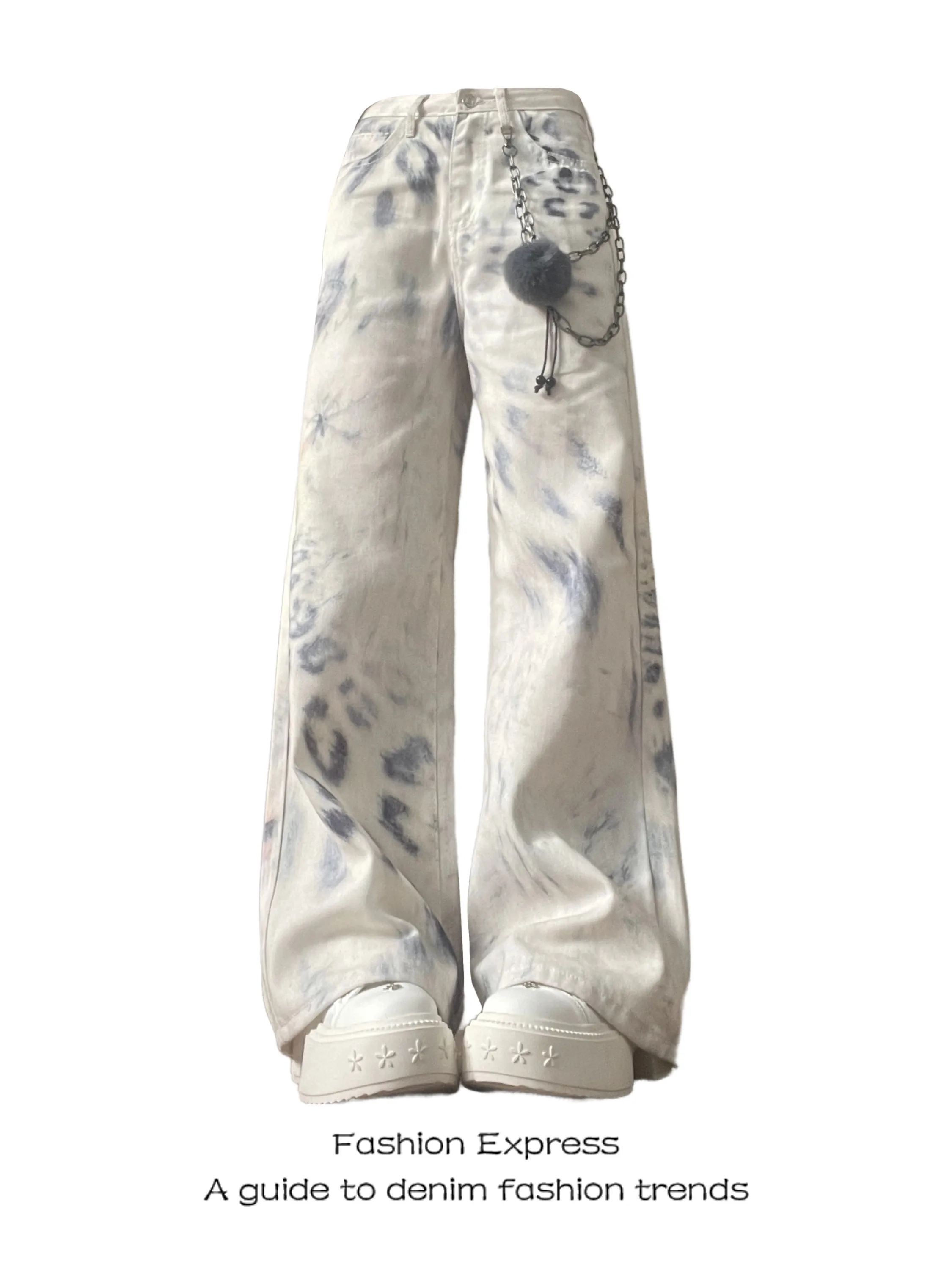 

White Leopard Print Wide Leg Casual Jeans Women's Spring Autumn New Dyed Loose Straight Floor-Length Trousers Trendy