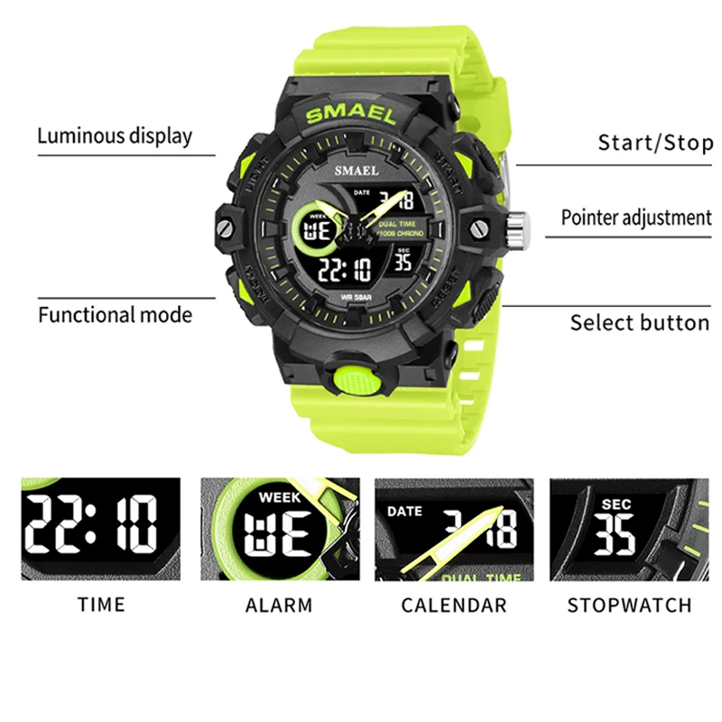 New Men Watch Sports 50M Waterproof Dual Time Digital Analog Clock 8081 Stopwatch Week Display Casual Wristwatches Sport Watches