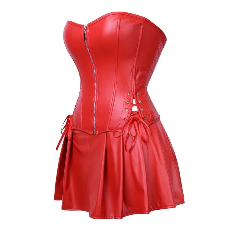 Sexy Womens Steampunk Corset Strapless Faux Leather Overbust Corset Dress Set Gothic Body Shaper Mini Skirt Dress Plus Size 6XL