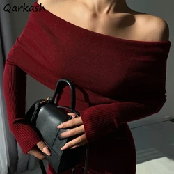 Red Black Sexy Dresses Women Solid Vestidos Club Off Shoulder Slash Collar Hotsweet High Street Vintage Seasons American Style