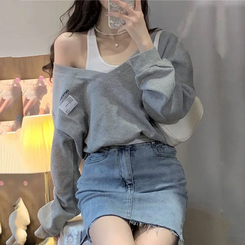 Korean Fashion Women Fake Two Pieces Strapless Crop Top Preppy Style Harajuku Swearshirt Loose Casual Pullovers Blouses 2023 New