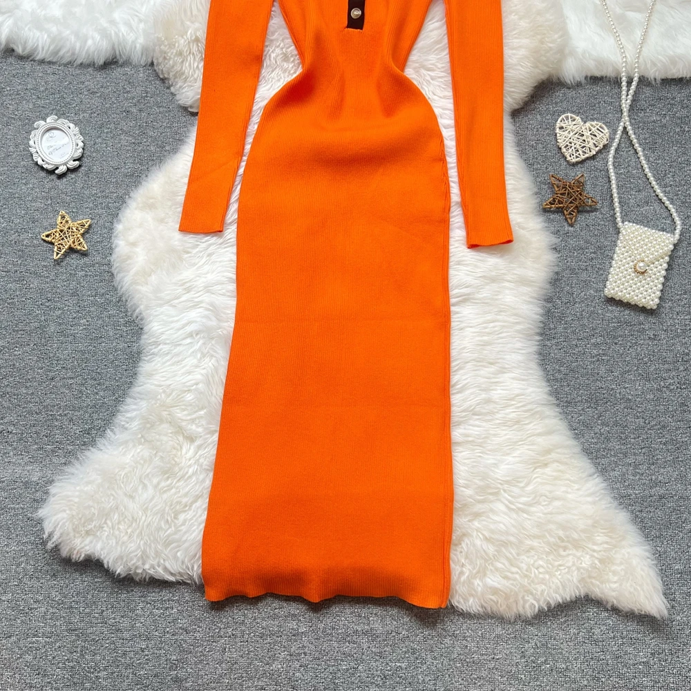 YuooMuoo Elegancka, seksowna sukienka dzianinowa podkreślająca biodra, długa, jesień-zima 2025, z kołnierzykiem, dopasowana sukienka swetrowa, streetwear