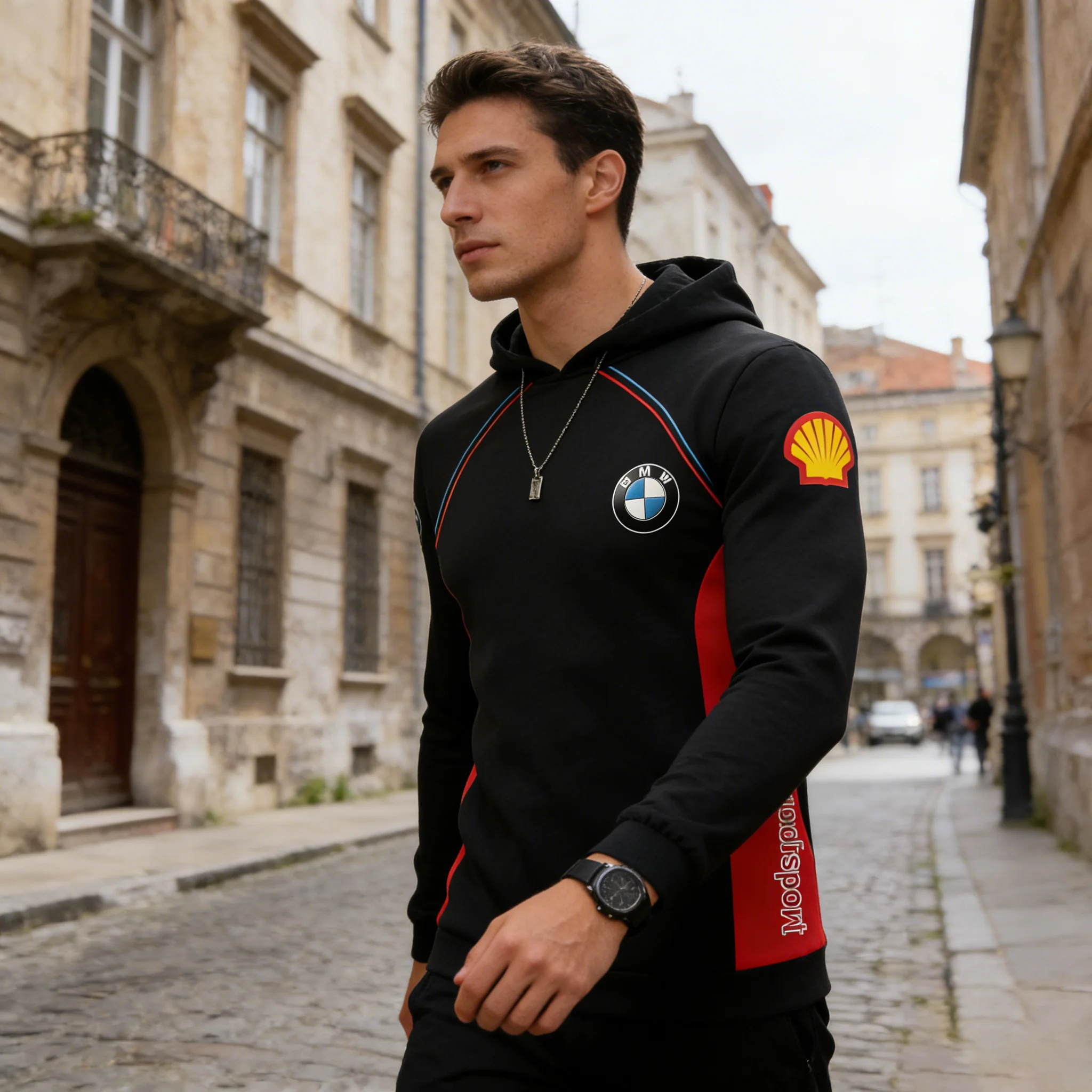 Bmw 레이싱 슈트 후드가 달린 스웨트셔츠 검정색과 빨간색 테두리 오토바이 스타일 스포츠 및 피트니스 활동 편안한 일상 생활