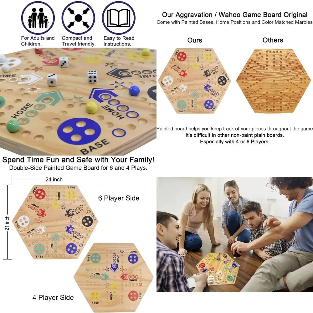

Double-Sided Wooden Wahoo Game Board - 24 for 4-6 Players, 6 Color Marbles, 36 Balls, 8 Dice