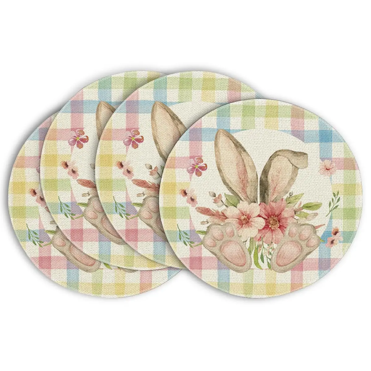 Easter Round Placemats Set of 4, 14 Inch Colored Bunny Flowers Spring Round Table Mats for Easter Party Dining Decoration