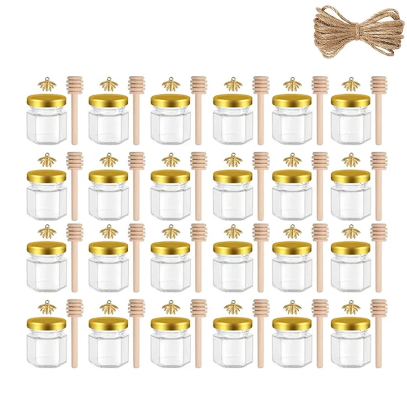 12/24/36/48-delige mini glazen honingpotenset, glazen verzegelde potten, 1,5 oz zeshoekige potten met houten lepel, deksel, bijenhanger, perfect voor bruilofts- en feestartikelen