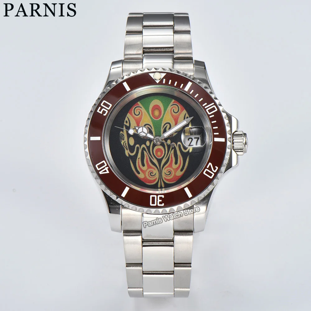 Parnis 40mm Mechanical Watches Japan Miyota8215 Automatic Watch Men Rotating Ceramic Bezel Stainless Steel Dial Custom Drawing